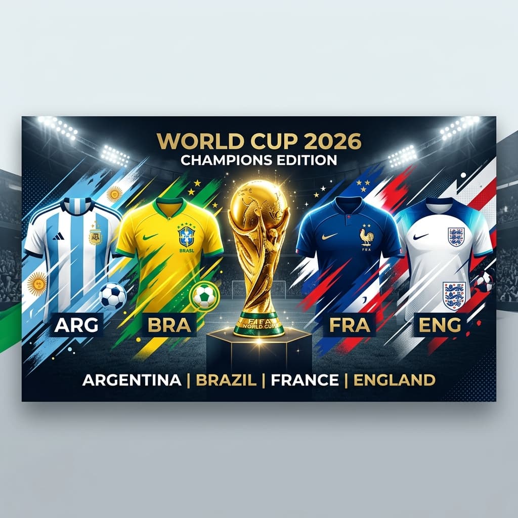 FIFA World Cup 2026 trophy and football stadium background